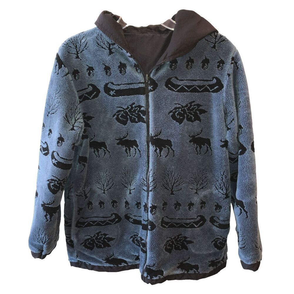 VTG Denali Womens Medium Blue Elk Canoe Fleece Hooded Zip Reversible Jacket M